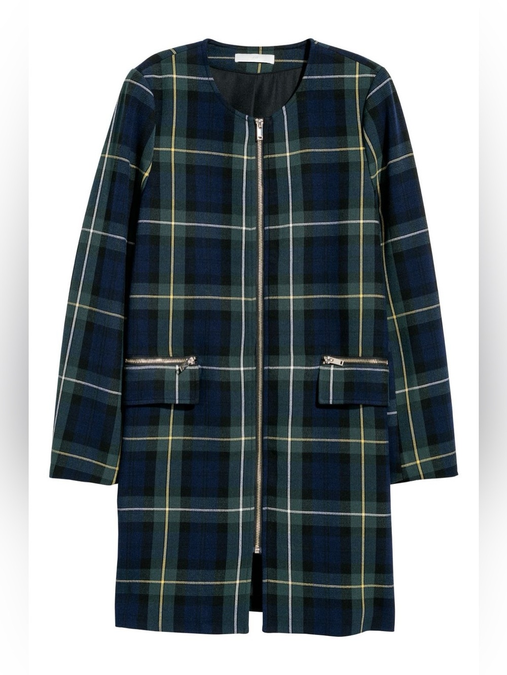 H&M Plaid Zip-Front Long Coat in Navy Green